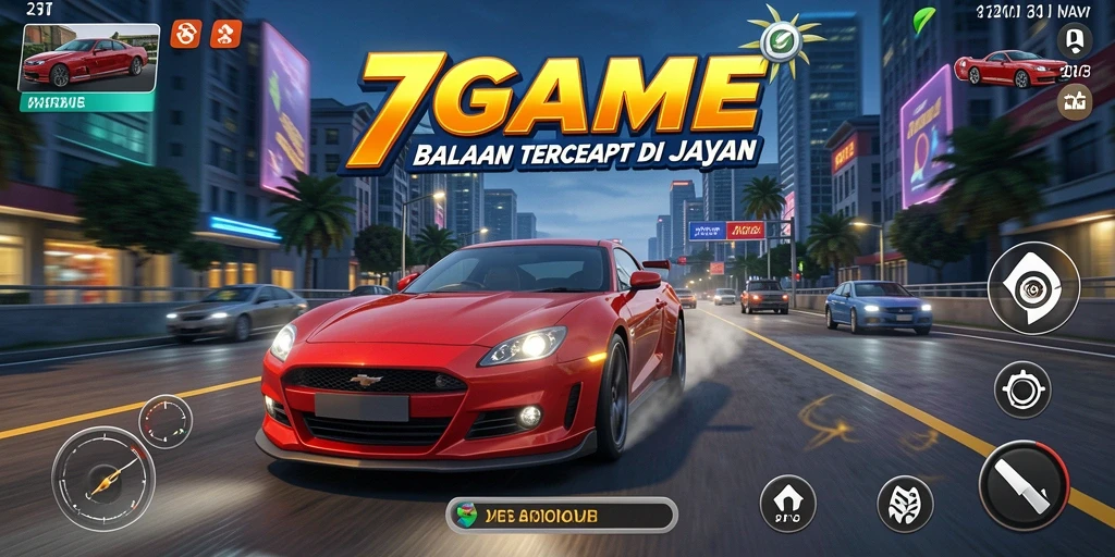 Screenshot gameplay 7GAME menampilkan aksi balapan yang seru dan mendebarkan.