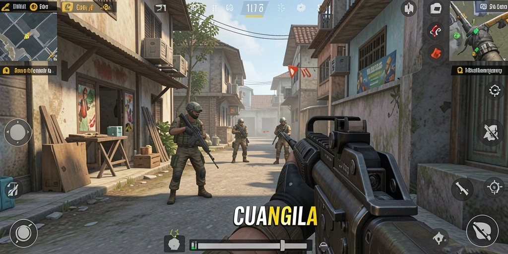 Tampilan gameplay seru dalam CUANGILA, menampilkan pertempuran FPS yang intens.