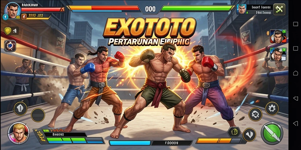 Tangkapan layar utama EXOTOTO menunjukkan aksi pertarungan mendebarkan.