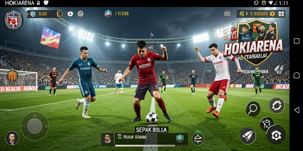 Screenshot HOKIARENA menampilkan aksi seru permainan sepak bola.