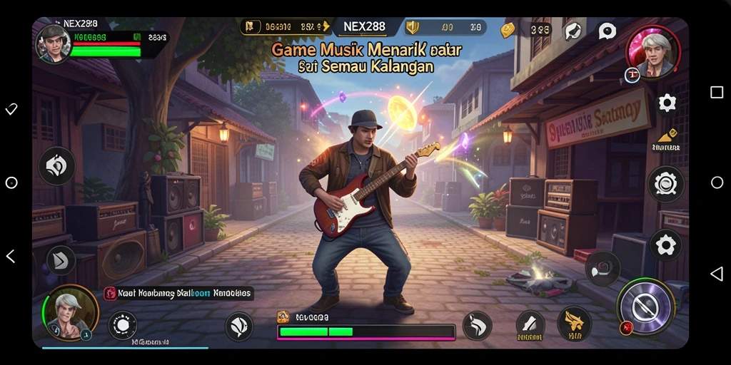 Screenshot NEX288 menunjukkan gameplay seru dengan berbagai pilihan lagu.