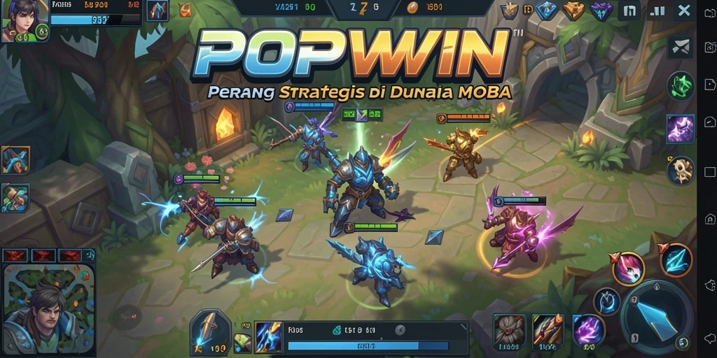 Screenshot utama POPWIN menampilkan pertarungan strategis antar tim dalam MOBA.