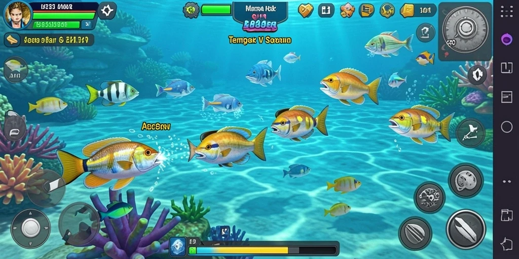 Screenshot gameplay RR33: tangkap ikan dengan senjata pilihan.