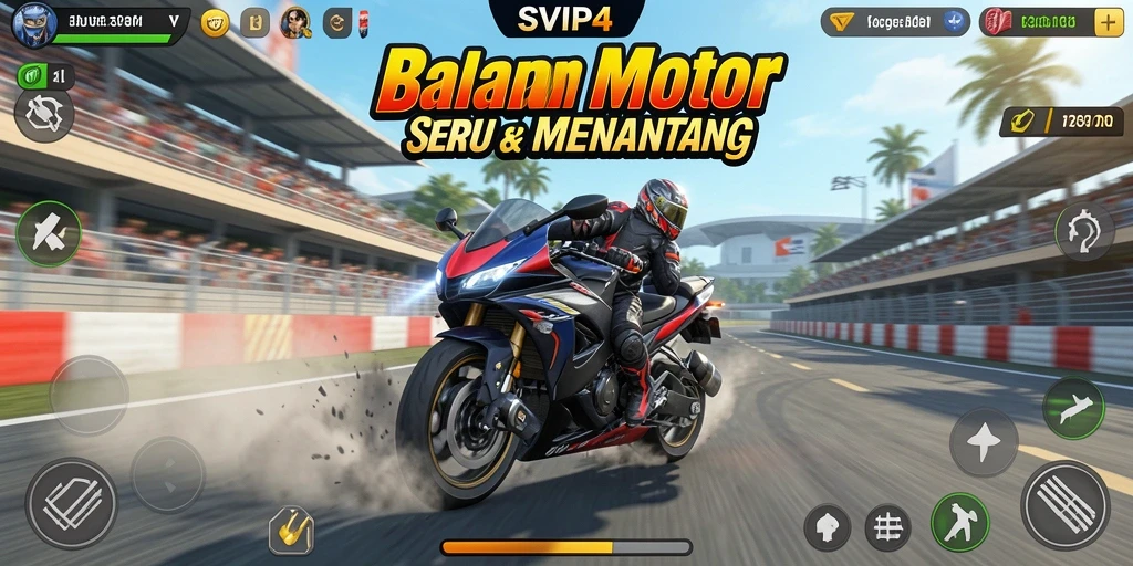 Screenshot gameplay <strong>SVIP4</strong> yang menunjukkan balapan motor yang mendebarkan.